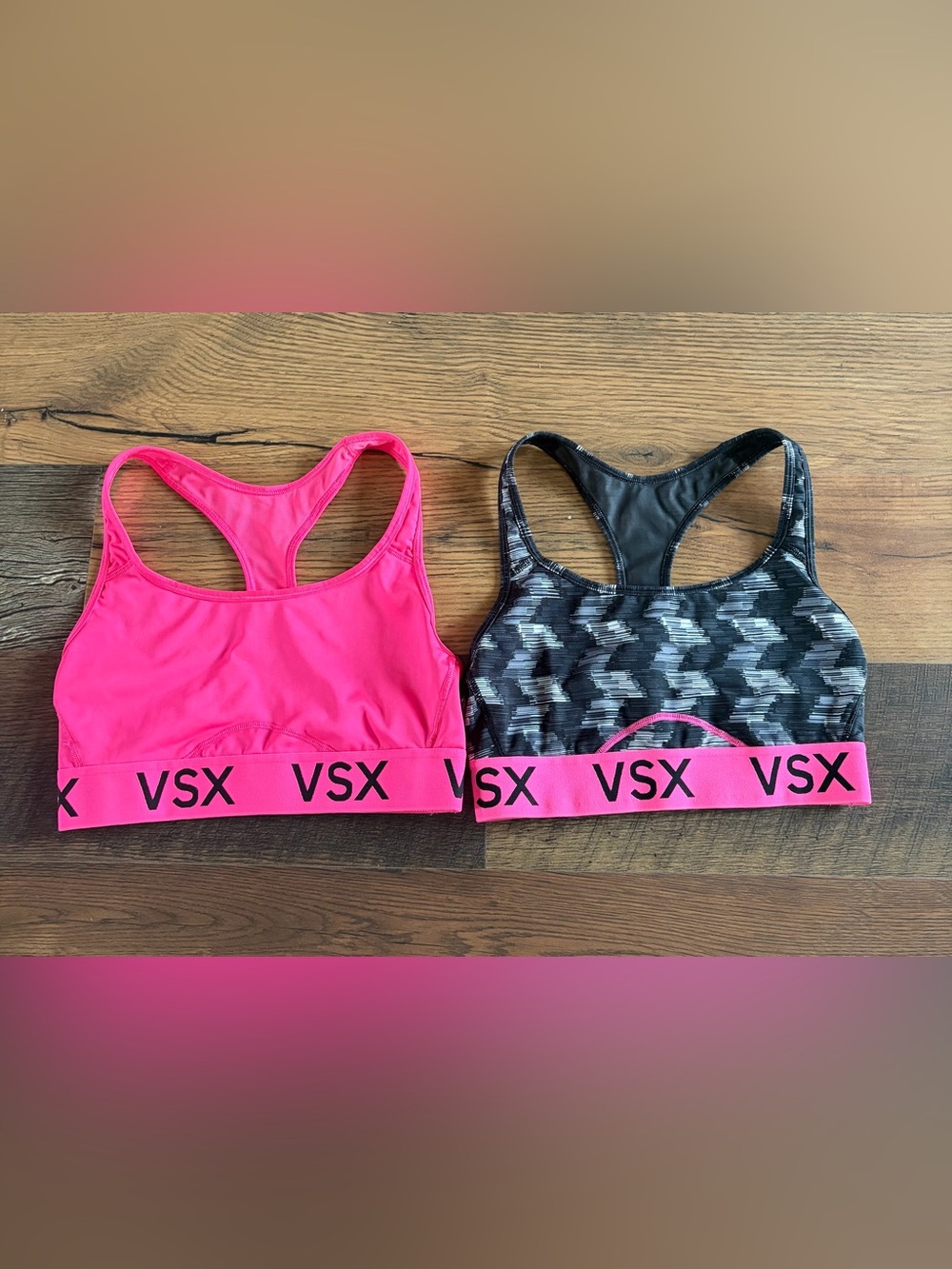 VSX Hot Pink & Black Pattern Racerback Sports Bras